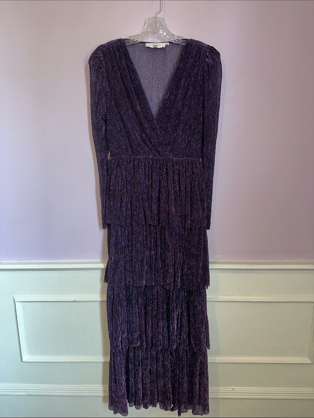 ASTR The Label Purple Metallic Tiered Maxi Dress Long Sleeve Size Small